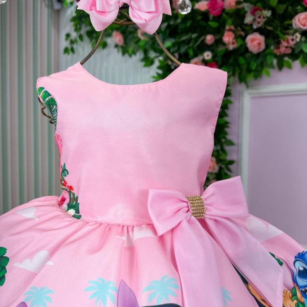 Vestido Infantil Temáticos Luxo Lilo e Stitch Rosa