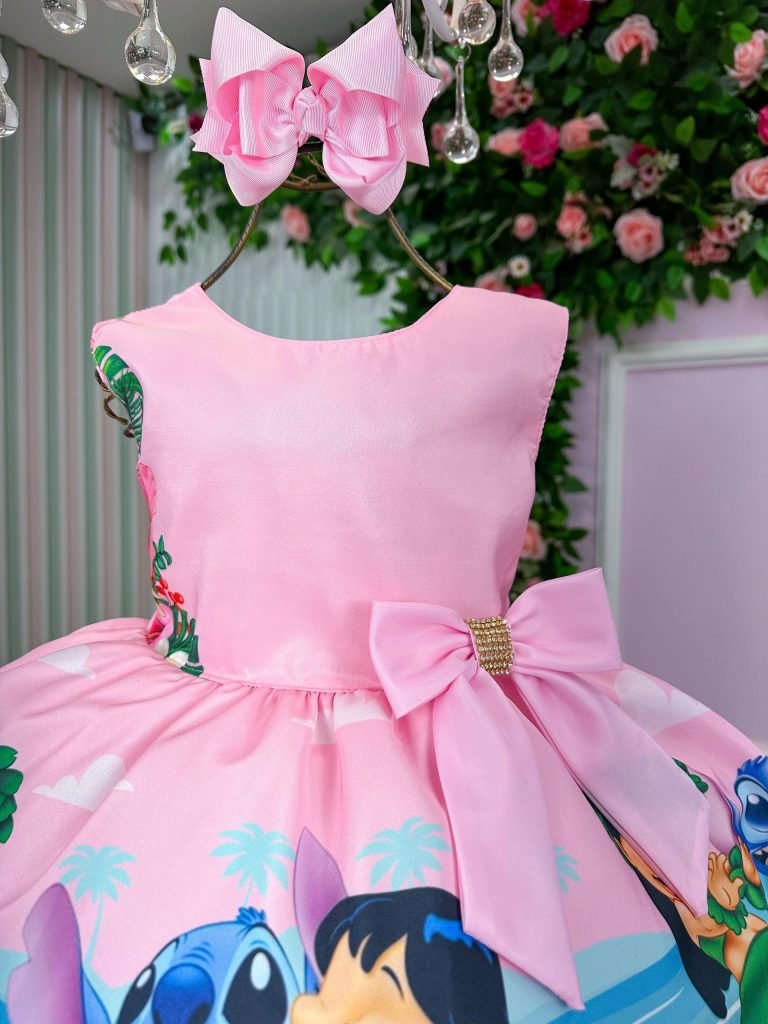 Vestido Infantil Temáticos Luxo Lilo e Stitch Rosa