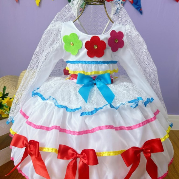 Vestido Infantil Junino Arraiá Festas Noiva C/ Tiara e Véu