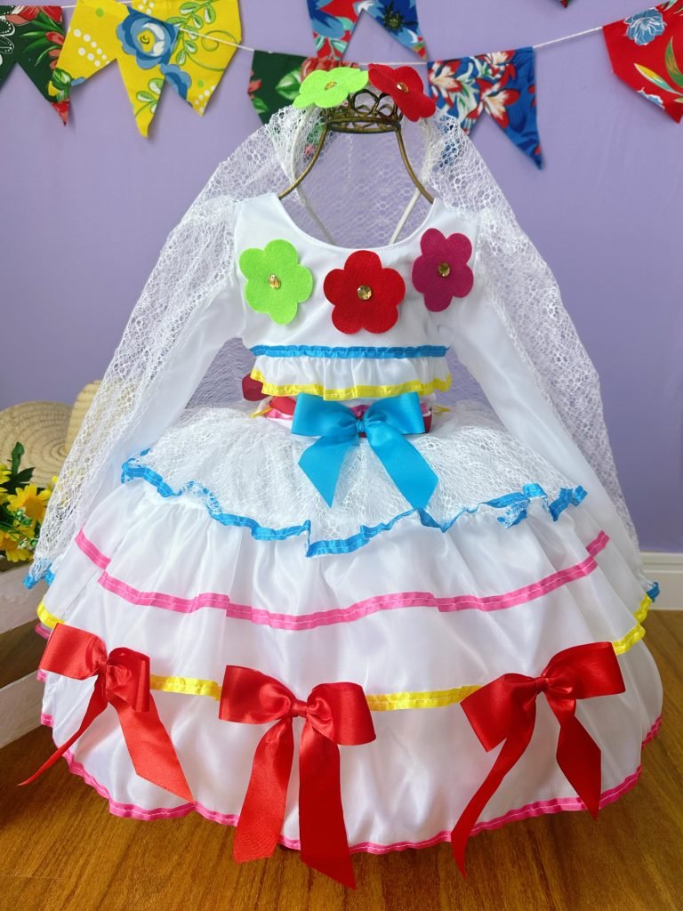Vestido Infantil Junino Arraiá Festas Noiva C/ Tiara e Véu