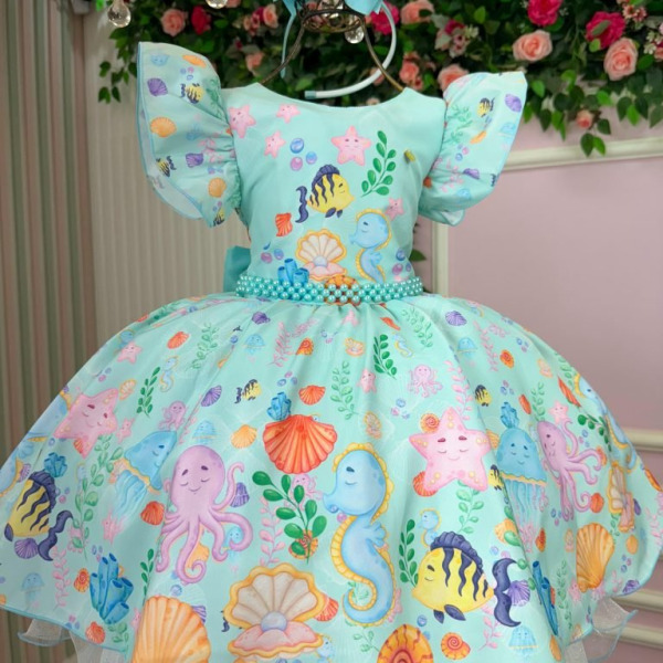 Vestido Tematicos Kids Fundo do Mar – Sereia Ariel Modelo 2 Tiffany