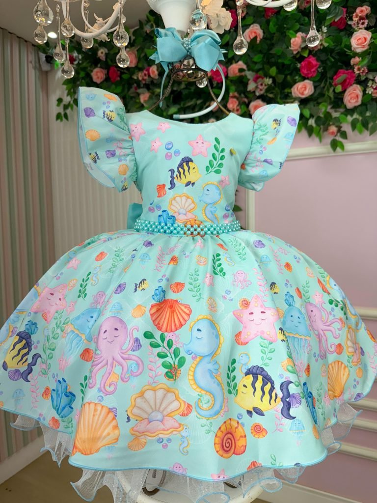 Vestido Tematicos Kids Fundo do Mar – Sereia Ariel Modelo 2 Tiffany