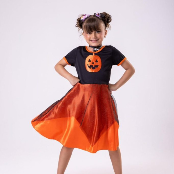 Fantasia Halloween Menina Bruxinha Abóbora Laranja