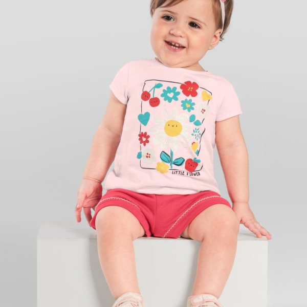 Conjunto bebê menina de Blusa Meia Malha estampa flores / Shorts Moletinho BRANDILI – P ao G
