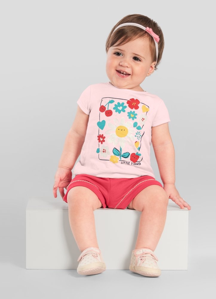 Conjunto bebê menina de Blusa Meia Malha estampa flores / Shorts Moletinho BRANDILI – P ao G