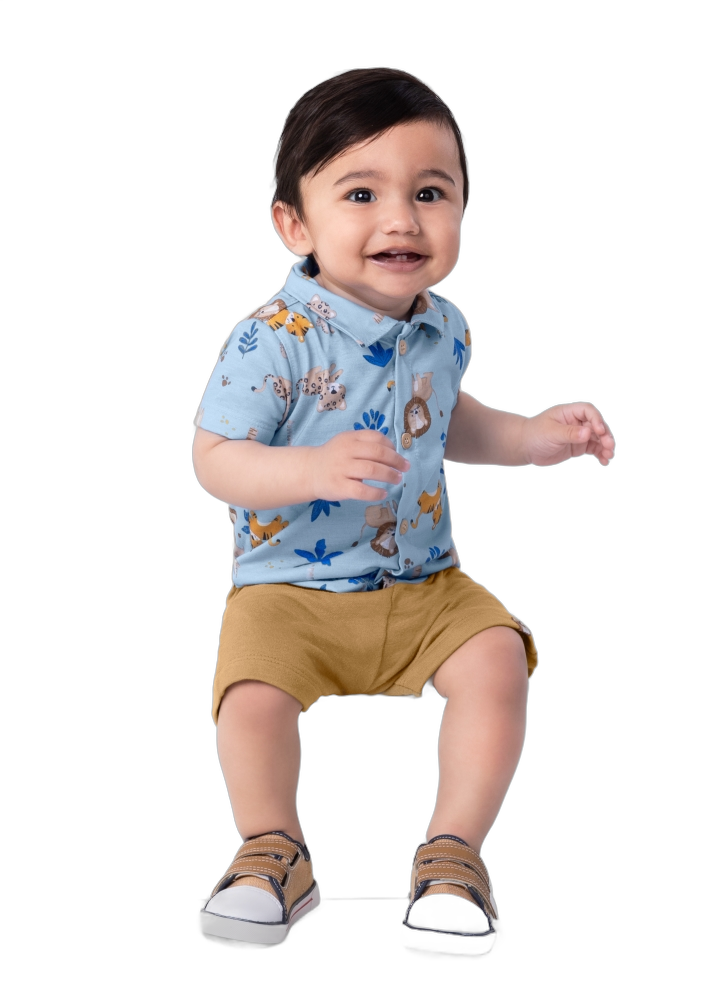 Conjunto bebê menino Camisa social em Meia Malha e Bermuda Moletinho Brandili estampa bichinhos ou fundo do mar
