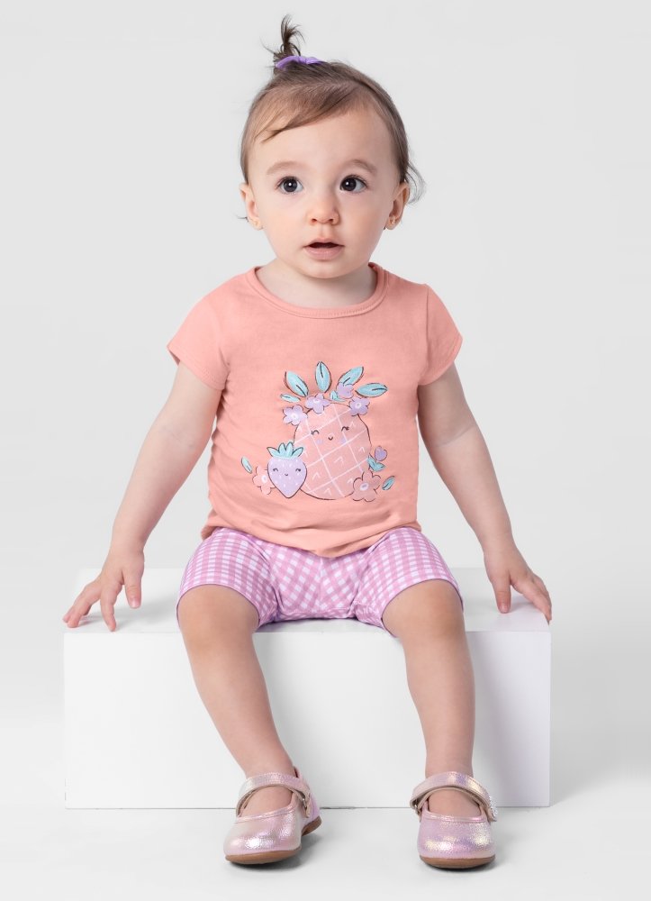 Conjunto Infantil Feminino Blusa Meia Malha e Bermuda Ciclista Cotton Brandili