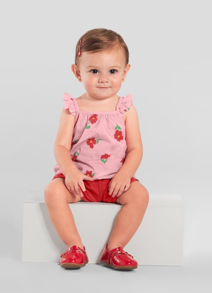Conjunto Infantil menina de Blusa Meia Malha estampa Floral / Shorts Moletinho Trabalhado BRANDILI – P a 3 anos