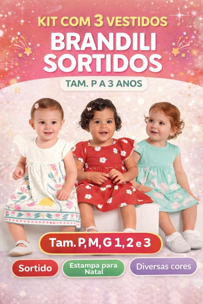 Kit de vestido infantil BRANDILI 3 PEÇAS sortidas – Vestido infantil pro Natal vestido bebê de verão