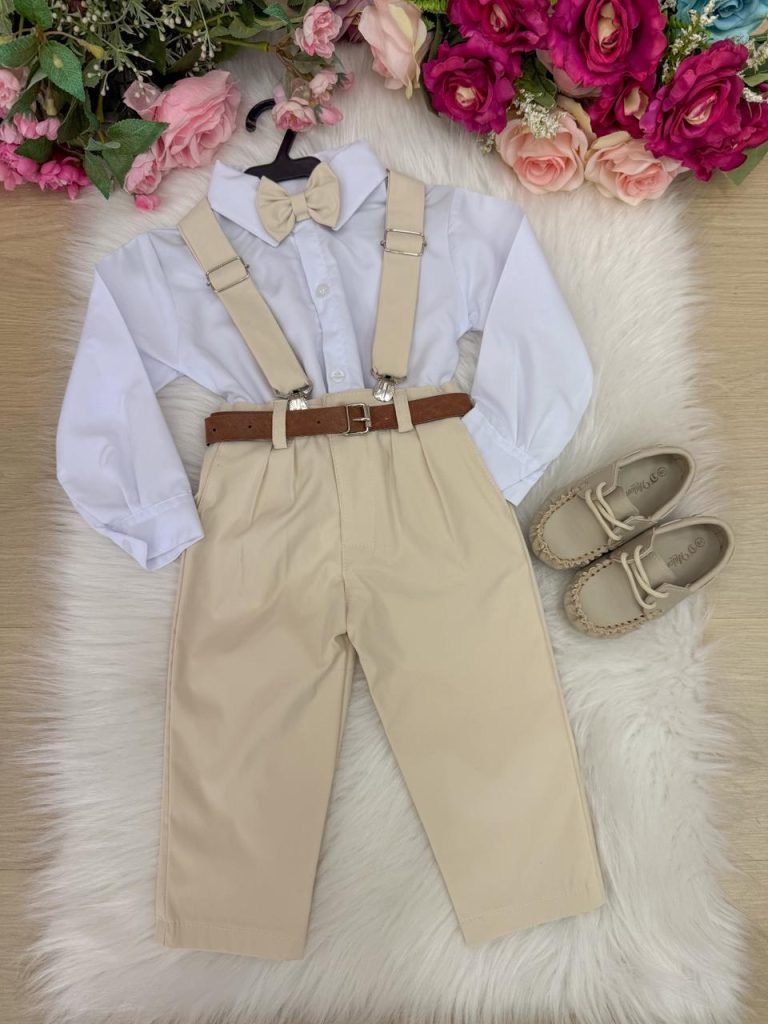 Conjunto Meninos Miss Cherry Leo Suspensorio Palha – Bege