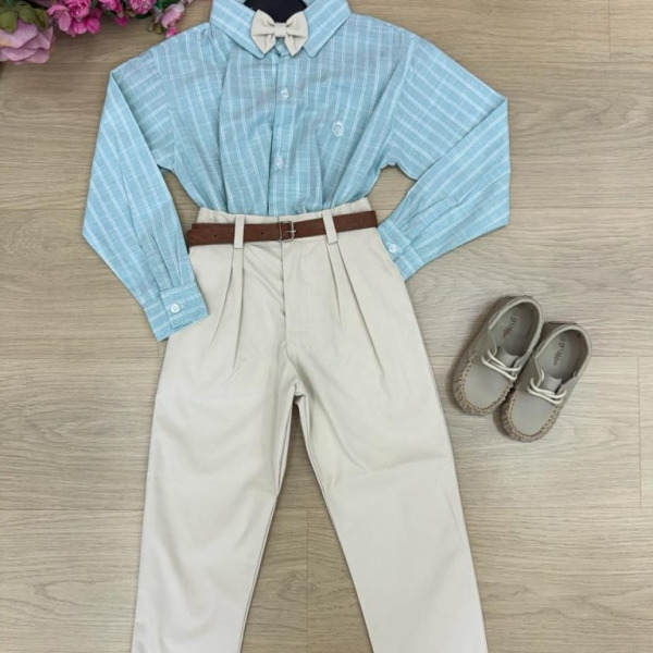 Conjunto Social Miss Cherry Henrique Verde Calça Bege