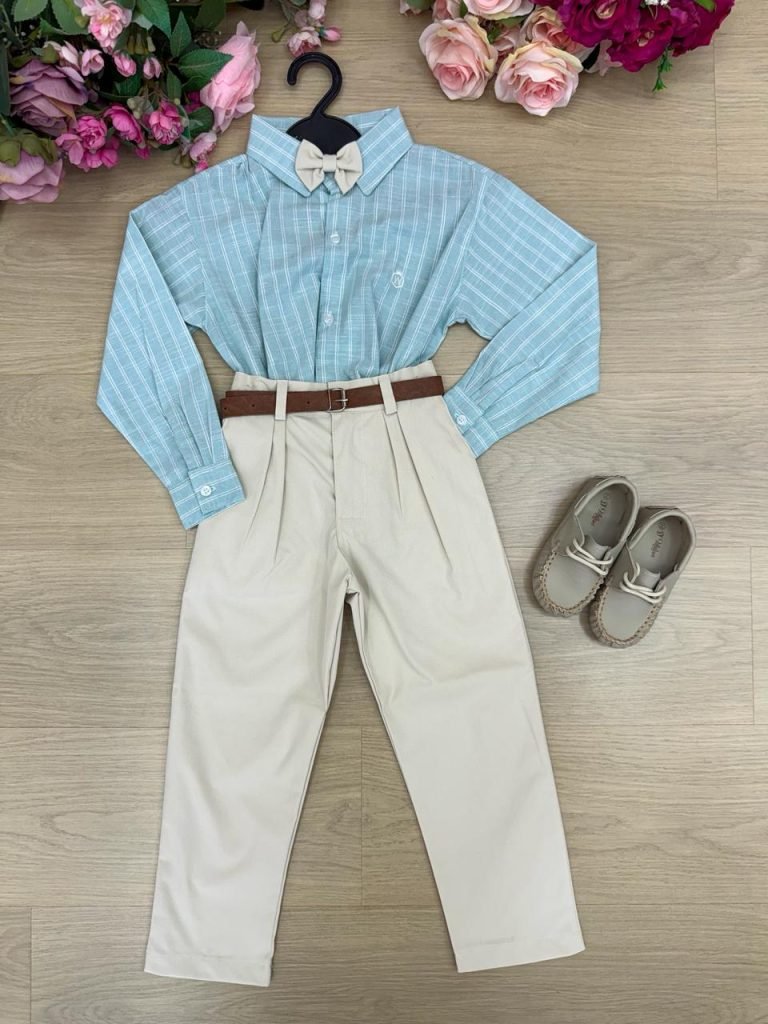 Conjunto Social Miss Cherry Henrique Verde Calça Bege