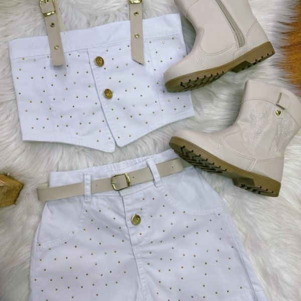 Conjunto Infantil Blusa e Short Sarja Branco Boiadeira Casual