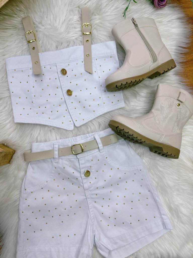 Conjunto Infantil Blusa e Short Sarja Branco Boiadeira Casual