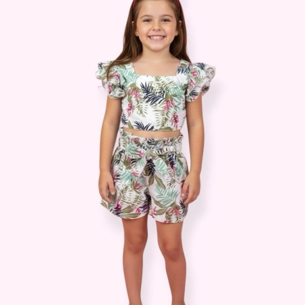 Conjunto Meninas Casual Cropped C/ Saia Florida Colorida