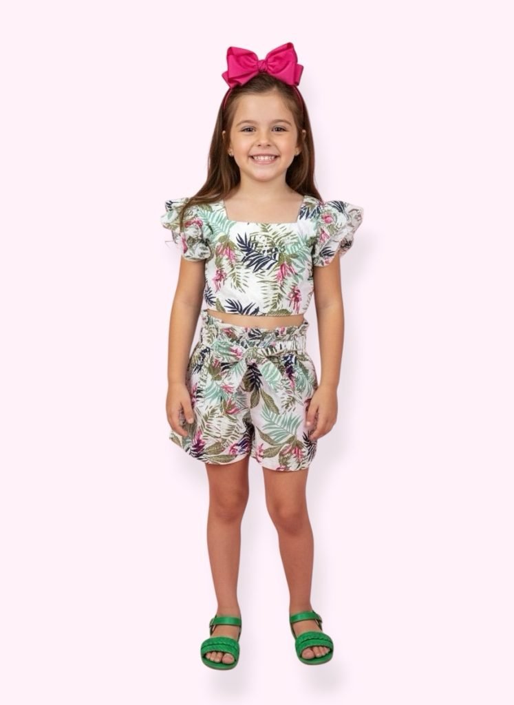 Conjunto Meninas Casual Cropped C/ Saia Florida Colorida