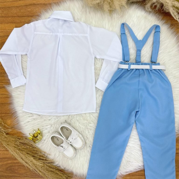 Conjunto Social Camisa Gravata Calça e Suspensório Azul Claro