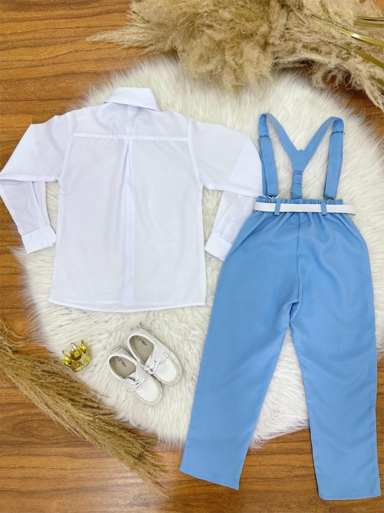 Conjunto Social Camisa Gravata Calça e Suspensório Azul Claro