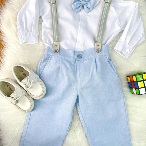 Conjunto Social Pajem Camisa Branca Calça e Susp. Azul Claro