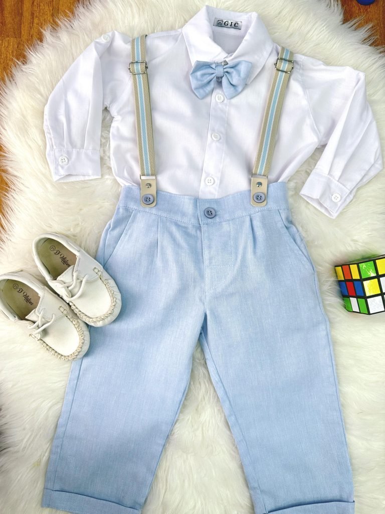 Conjunto Social Pajem Camisa Branca Calça e Susp. Azul Claro