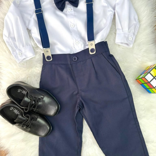 Conjunto Social Pajem Camisa Branca Calça e Susp. Azul Escuro