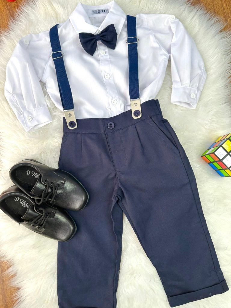 Conjunto Social Pajem Camisa Branca Calça e Susp. Azul Escuro