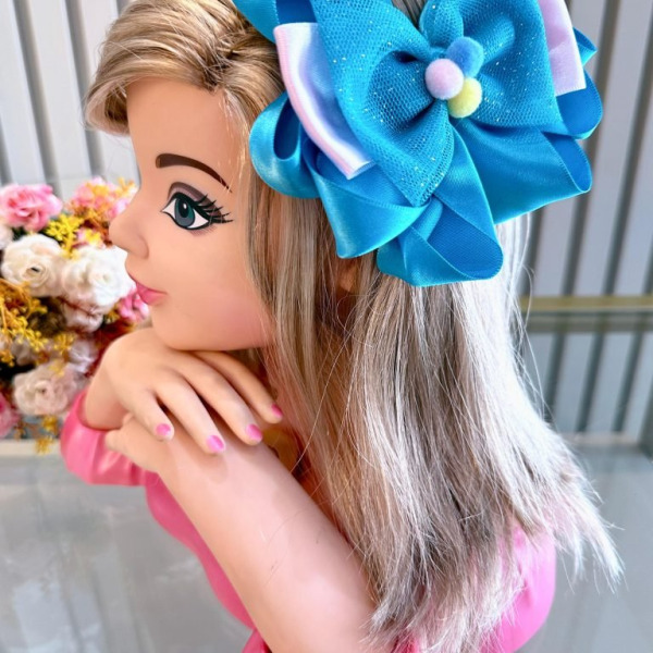 Laço Infantil Azul e Rosa com Pompons Festas Luxo