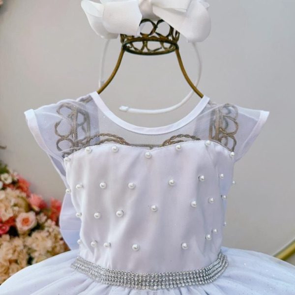 Vestido Infantil Branco com Pérolas Saia C/ Glitter Daminhas