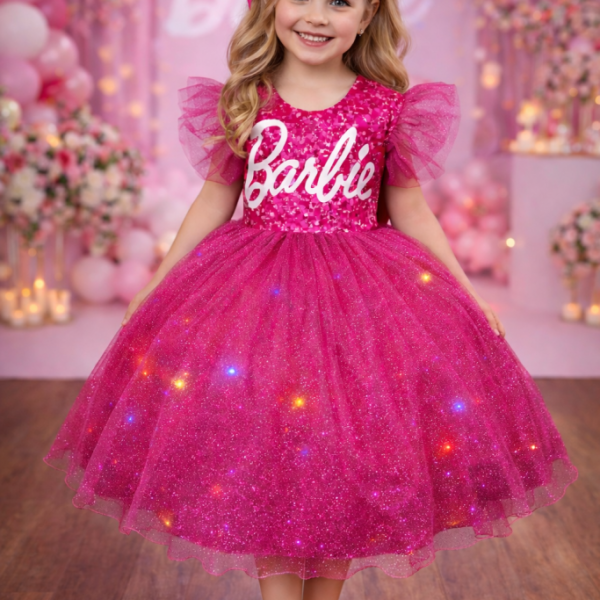 Vestido infantil da Barbie Pink Saia Com Leds Festas