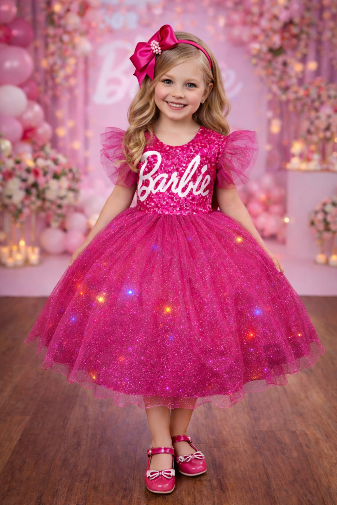 Vestido infantil da Barbie Pink Saia Com Leds Festas