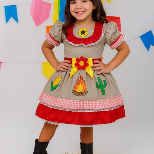 Vestido Infantil Junino Arraia Maria Bonita Colorido Festas