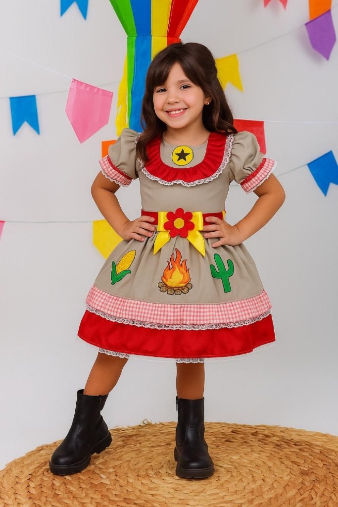 Vestido Infantil Junino Arraia Maria Bonita Colorido Festas