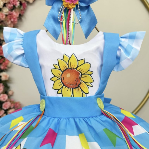 Vestido Infantil Junino Festas Azul Girassol Colorido