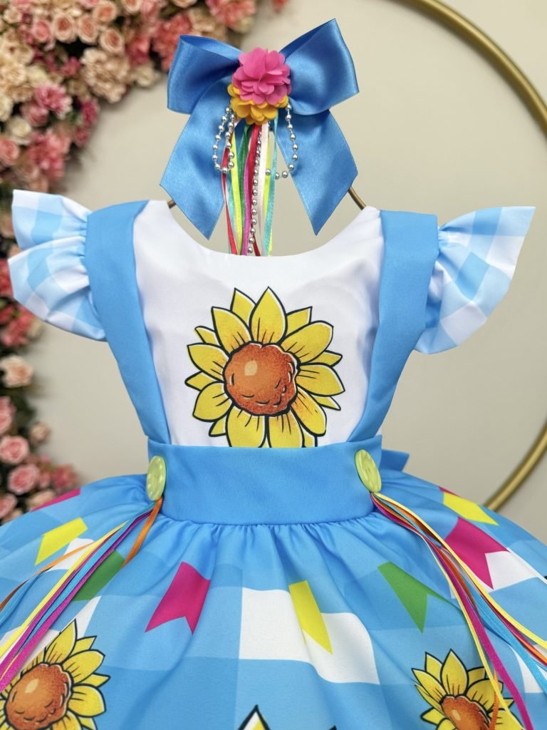 Vestido Infantil Junino Festas Azul Girassol Colorido