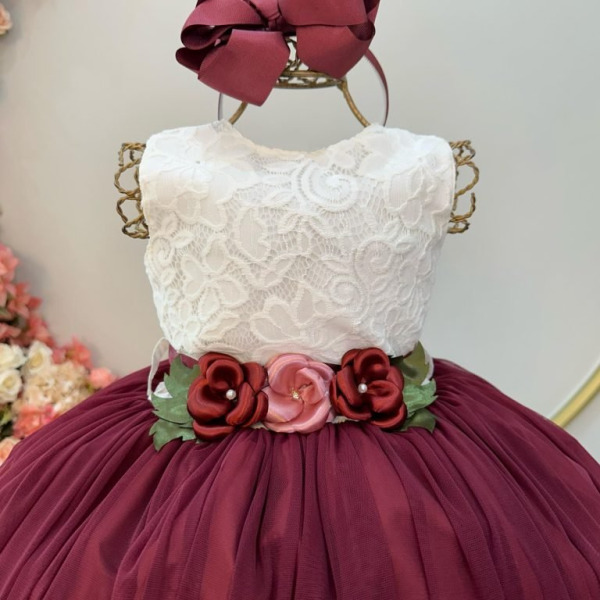 Vestido Infantil Longo Off White Saia Marsala Daminha Festas