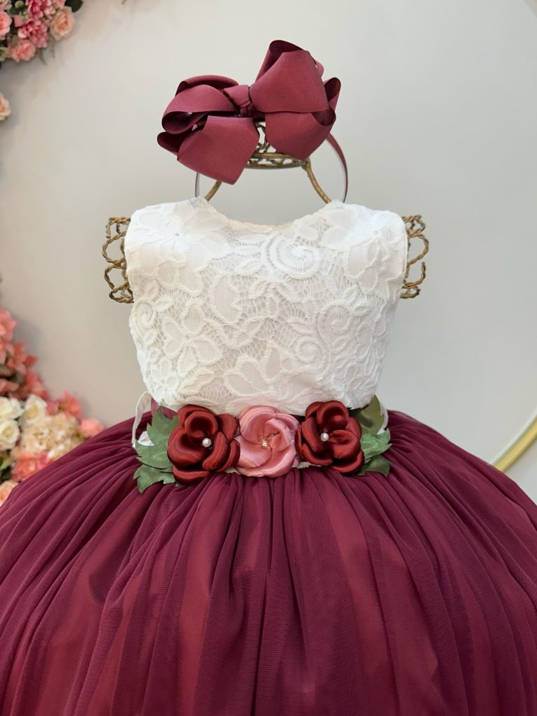 Vestido Infantil Longo Off White Saia Marsala Daminha Festas
