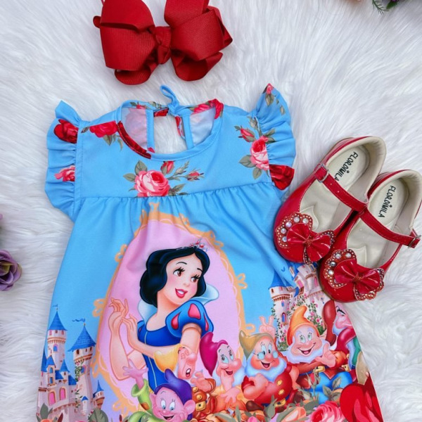 Vestido Infantil Trapézio da Branca de Neve Manga Flu-Flu
