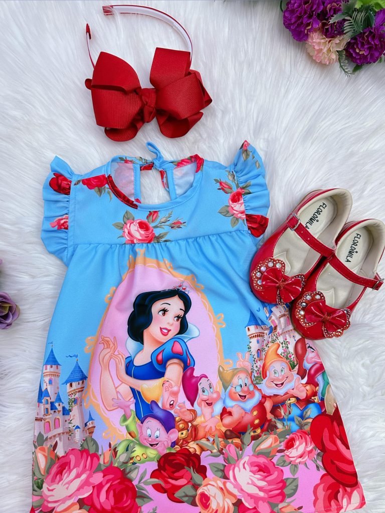 Vestido Infantil Trapézio da Branca de Neve Manga Flu-Flu
