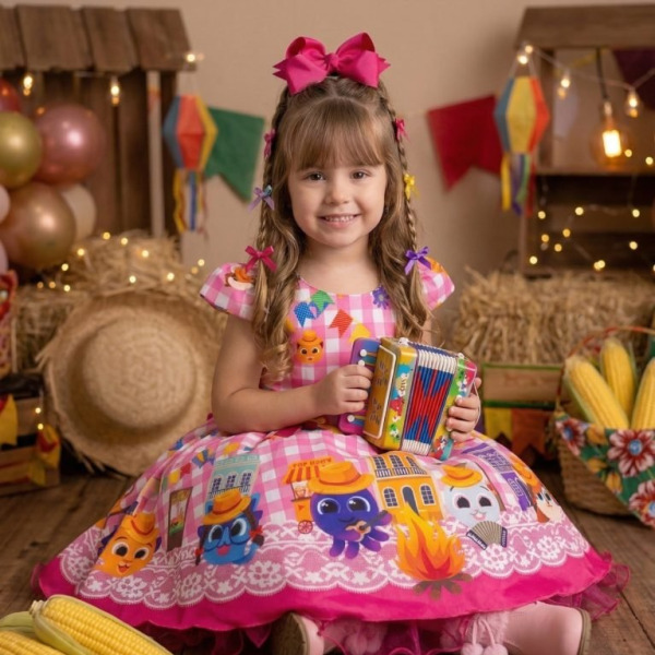 Vestido Junino Temáticos Kids Luxo Bolo Fofo Rosa