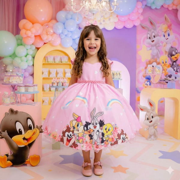 Vestido Ysa Kids Looney Tunes Baby Rosa