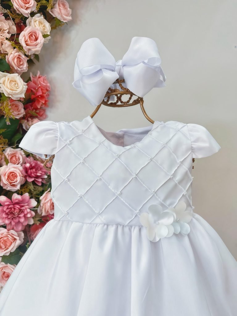 Vestido Bebê Branco Busto Com Nervuras Batizado Luxo