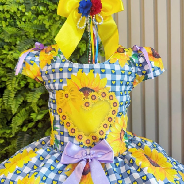 Vestido Infantil Junino Caipira Arraiá Azul Colorido Girassol
