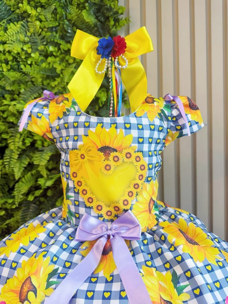 Vestido Infantil Junino Caipira Arraiá Azul Colorido Girassol