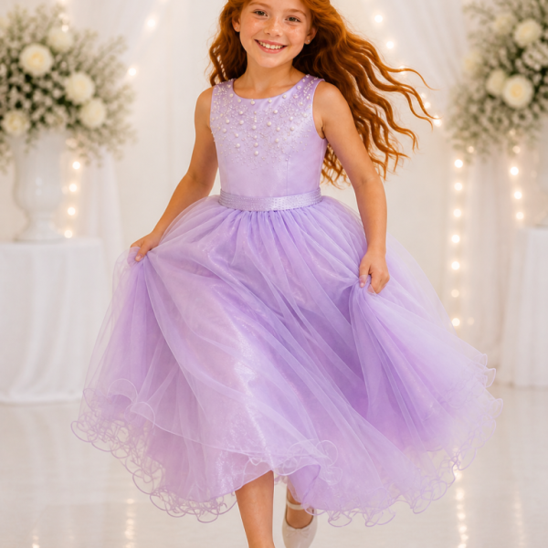 Vestido Infantil Longo Lilás Pérolas e Strass Damas Luxo