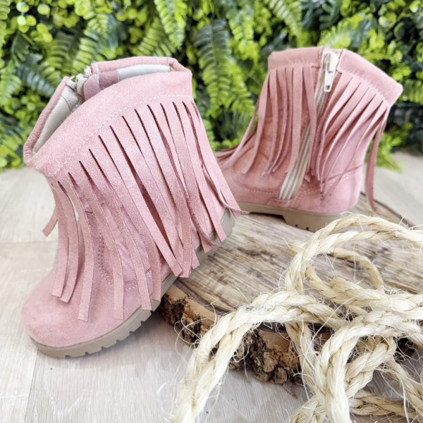 Bota Infantil Rosa Boiadeira Cowgirl Franjas Camurça