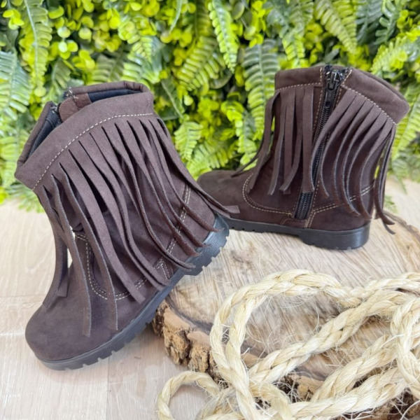 Bota Infantil Marrom Café Boiadeira Cowgirl Franjas Camurça
