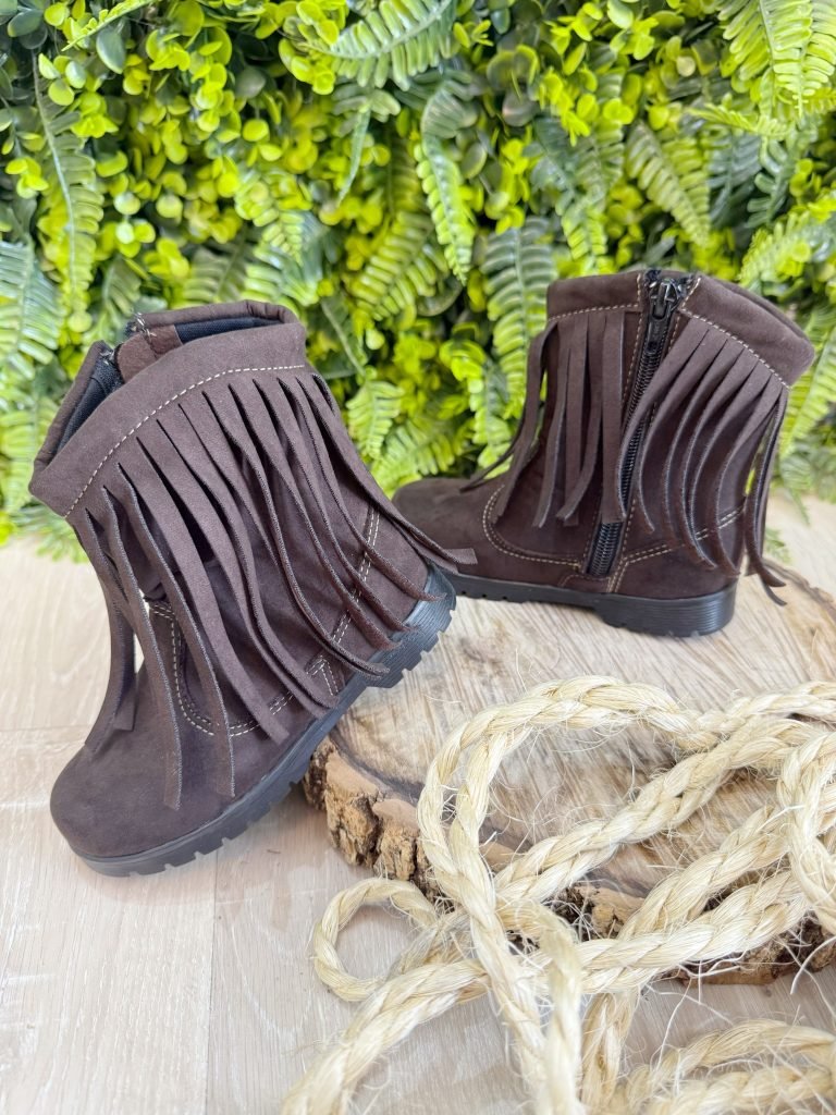 Bota Infantil Marrom Café Boiadeira Cowgirl Franjas Camurça