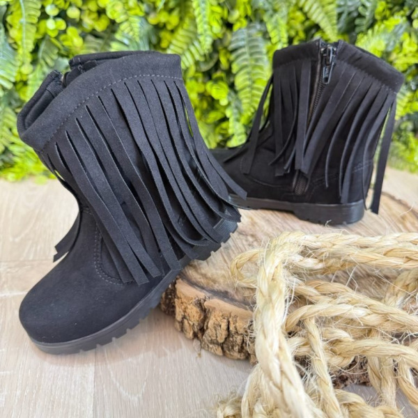 Bota Infantil Preta Boiadeira Cowgirl Franjas Camurça