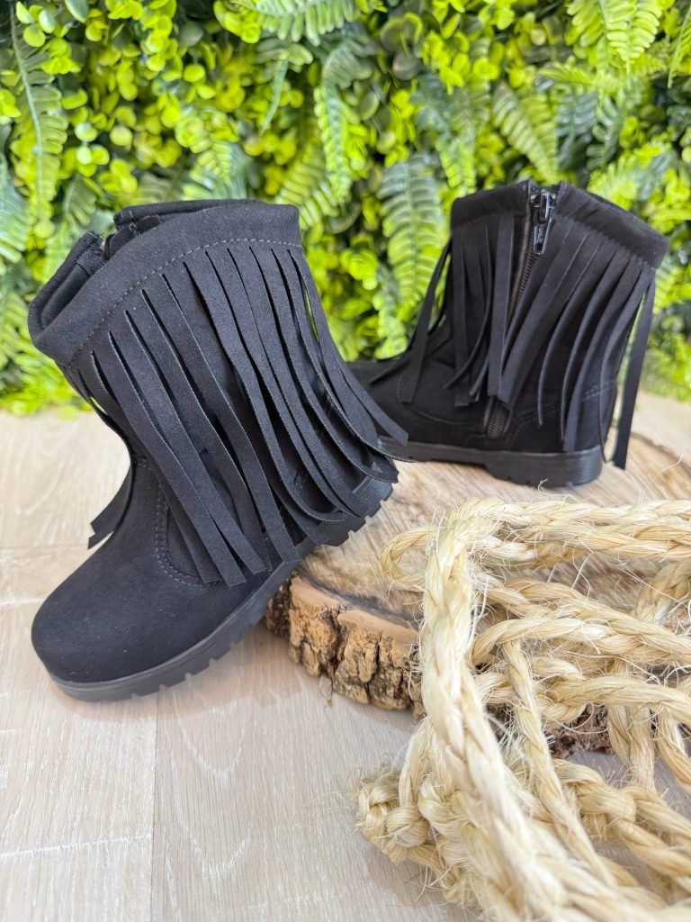 Bota Infantil Preta Boiadeira Cowgirl Franjas Camurça