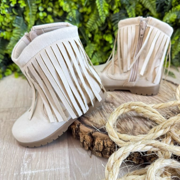 Bota Infantil Off White Bege Claro Cowgirl Franjas Camurça